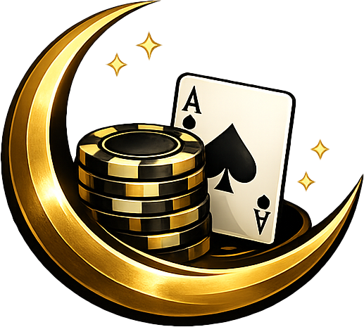 A gold crescent moon cradling poker chips and an ace of spades
