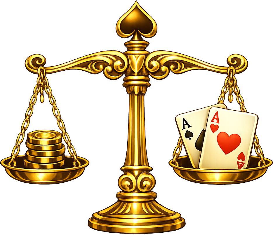 Golden scales of justice balancing poker chips against a pair of aces